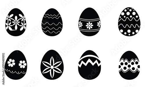 Eight decorative easter eggs with various patterns on a white background