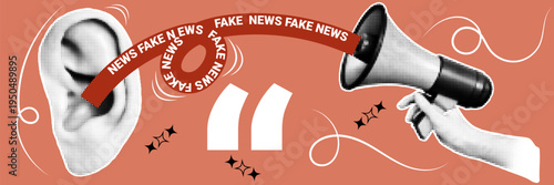 Halftone pop art dot loudspeaker megaphone mouth fake news speech quote misinformation propaganda announcement vector illustration