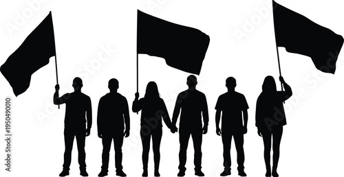 Silhouette of people holding flags in a line