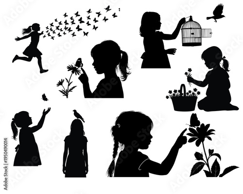 Silhouettes of girls interacting with nature and flowers