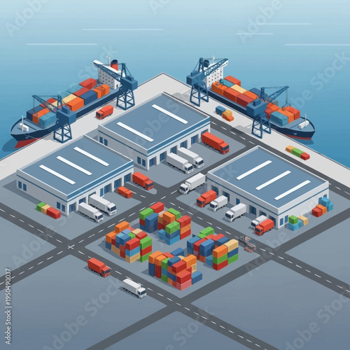 Modern Logistics Hub with Ships and Containers.