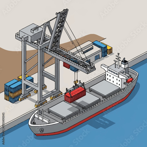 Cargo Ship Being Loaded by Crane at Port.