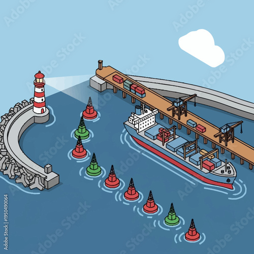 Container Ship Navigating Through Buoys Towards Port Terminal.