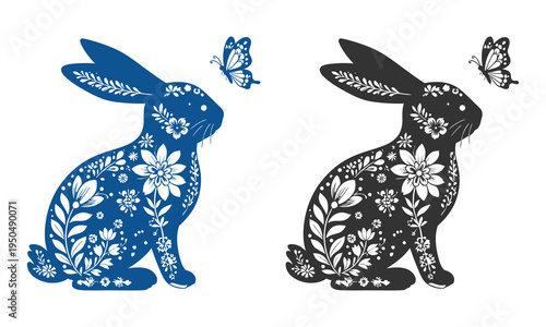 Decorative rabbits and butterflies in floral patterns