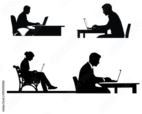 Silhouettes of people working on laptops in different positions