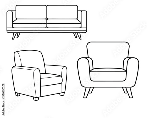 Mid century modern furniture set with sofa and armchairs