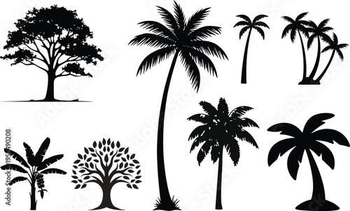 Tree silhouette vector set includes various tree types, palm, oak, and more. Perfect for nature designs, landscaping, and botanical illustrations