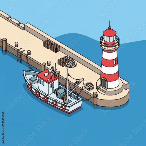 Fishing Boat Docked Near Red White Lighthouse.