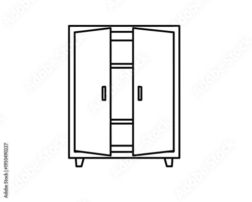 A line drawing of an open two door cabinet with shelves