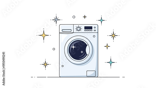 Clean front loading washing machine with a modern white design surrounded by sparkling yellow stars symbolizing hygiene and laundry efficiency.