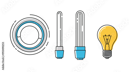 Collection of various common light bulb types including circular, straight tube, U-shape fluorescent, and a traditional yellow incandescent bulb.