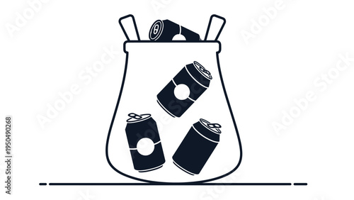Disposed aluminum soda cans overflowing from a white trash bag illustrating waste management and the importance of recycling metal containers.