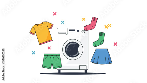 Modern white washing machine floating among various colorful items of laundry like t-shirts, shorts, and socks against a clean white backdrop.