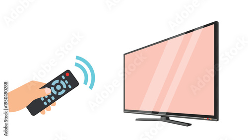 Human hand holding a black remote control pointing it toward a large flat screen television to change channels or adjust the volume settings.