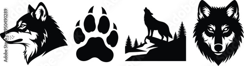 Wolf silhouette designs with paw and forest landscape