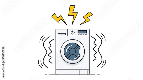 Automatic washing machine vibrating and shaking violently with electrical lightning bolts above it indicating a mechanical fault or breakdown.