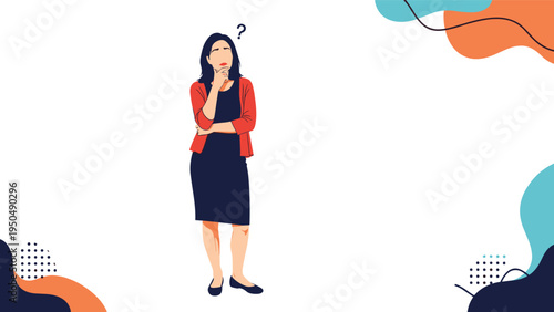 Young woman in professional attire standing thoughtfully with a question mark above her head while considering options or making a decision.