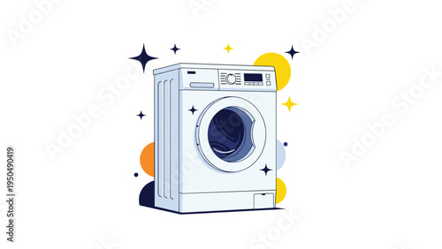 Pristine white front load washing machine with sparkles and colorful abstract circles indicating cleanliness and high quality laundry results.