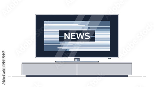 Flat screen television set displaying a news broadcast screen with static noise and distortion patterns on a modern gray media console stand.