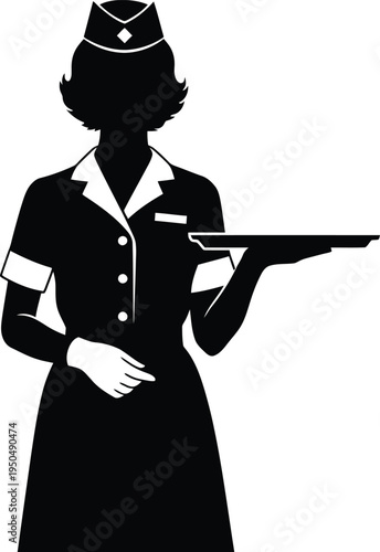 Silhouette of a female flight attendant holding a tray