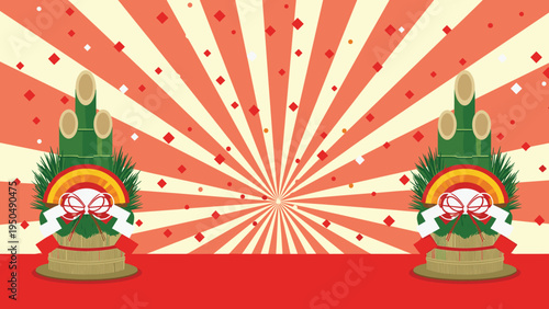 Traditional Japanese New Year decoration featuring kadomatsu bamboo and pine arrangements on a festive red and white sunburst background.