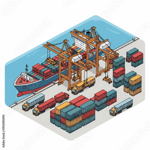 Container Ship Loading and Unloading at Port with Cranes and Trucks.