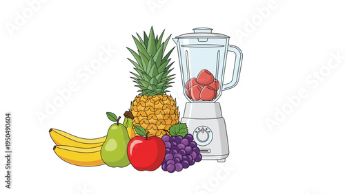 Healthy assortment of fresh fruits like pineapple, bananas, and grapes next to a blender jar filled with red strawberries for a smoothie.