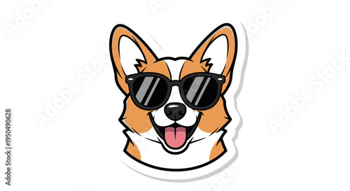 Cartoon corgi dog with sunglasses smiling isolated on white background