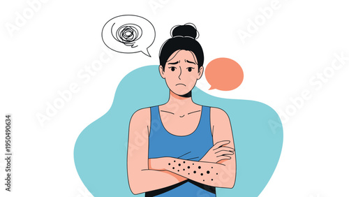 Worried woman examining dark spots on her arm representing skin concerns or a medical condition with thought and speech bubbles.