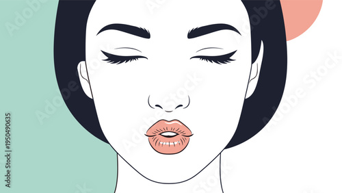 Close up illustration of a beautiful woman with closed eyes and winged eyeliner making a kissing face against a simple background.