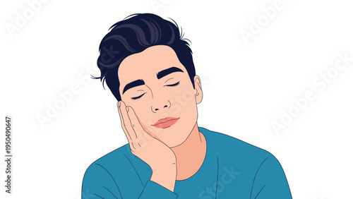Peaceful illustration of a young man resting his head on his hand with eyes closed suggesting relaxation sleepiness or deep thought.