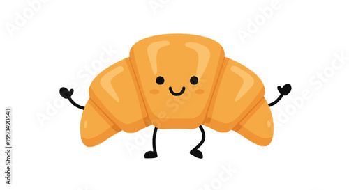 Cartoon croissant character with a smiling face and arms outstretched on white
