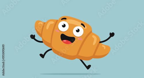 Cartoon croissant character with happy expression and excited movement