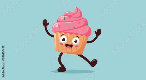 Cartoon cupcake character dancing with pink frosting and colorful sprinkles