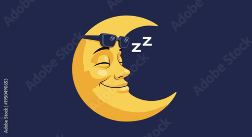 Cartoon crescent moon wearing sunglasses smiling resting against dark blue background