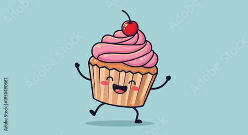 Cartoon cupcake with cherry on top and smiling expression on a blue background