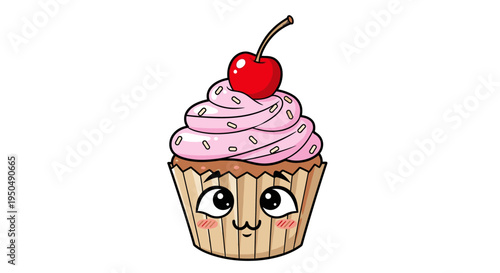 Cartoon cupcake with cherry topping and cute face on white background