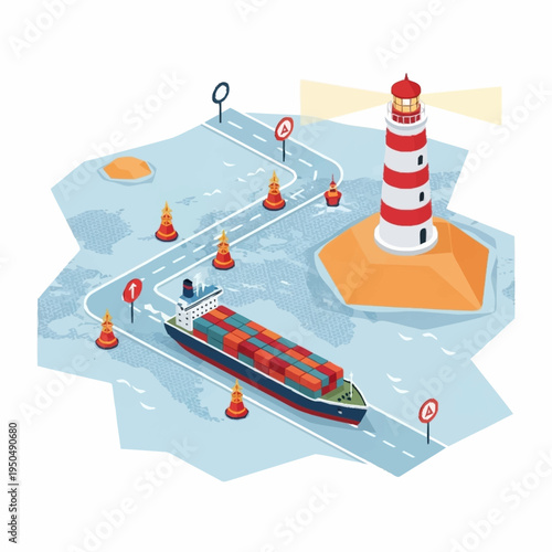 Container Ship Navigating Through Waterway with Lighthouse Guidance.