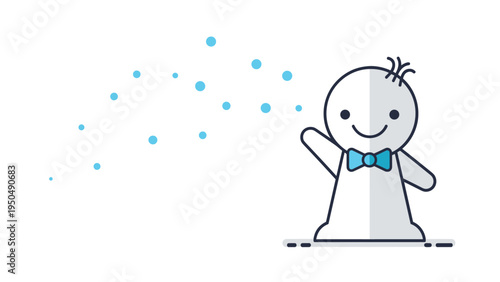 Cute white mascot character with a blue bowtie waving happily surrounded by blue sparkles on a clean white background.