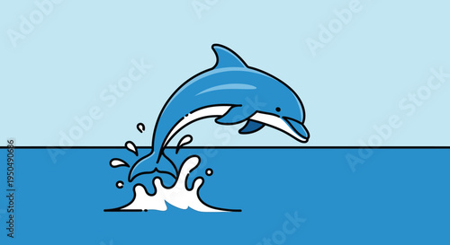Cartoon dolphin jumping out of water with blue and white colors