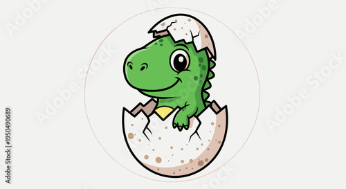 Cartoon dinosaur hatching from egg illustration in a circular frame design