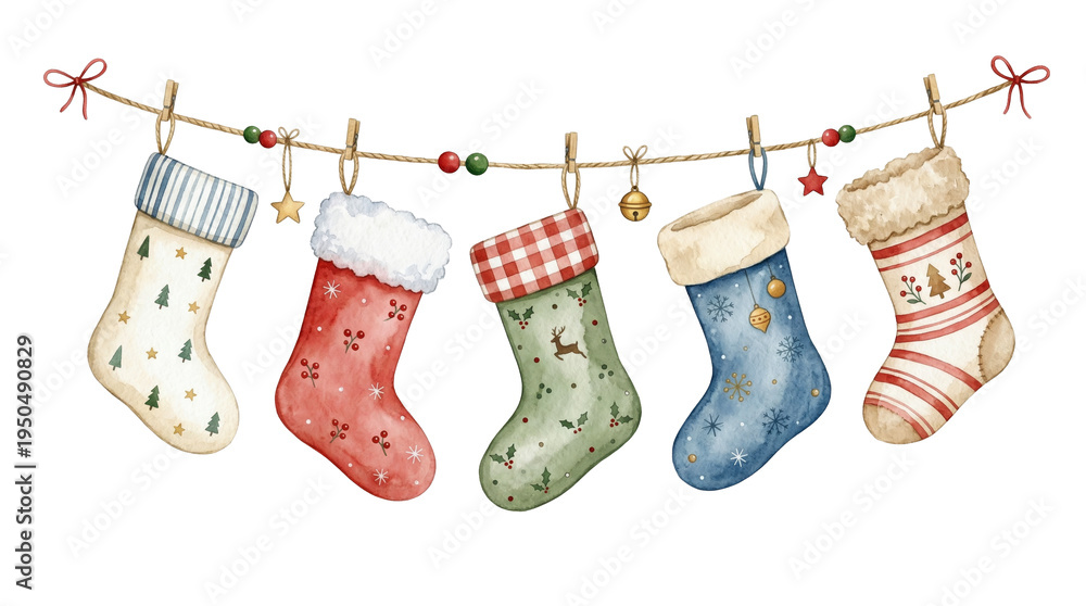 Obraz premium Christmas watercolor hanging stockings on rope with clips, festive holiday socks garland decoration isolated on white or transparent background