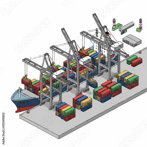 Container Ship Loading and Unloading at Port with Cranes.