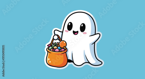 Cartoon ghost with candy bag against blue background illustration