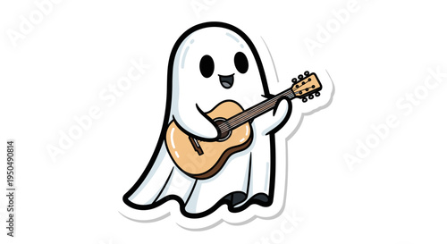 Cartoon ghost playing guitar smiling isolated on white background vector