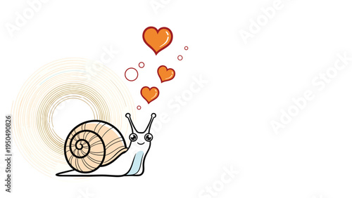 Adorable white snail illustration with a friendly expression hearts and bubbles representing love and happiness.