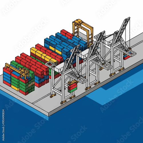 Industrial Port Cranes Loading Shipping Containers onto Ship.