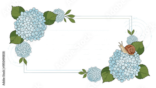 Elegant rectangular frame decorated with beautiful blue hydrangeas and a small snail for seasonal notes and messages.