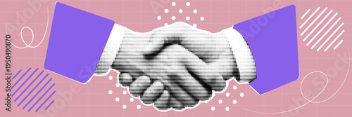 Halftone pop art dot handshake hands business agreement partnership deal cooperation teamwork vector illustration