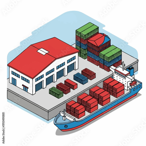 Industrial Shipping Port with Cargo Ship and Warehouse.